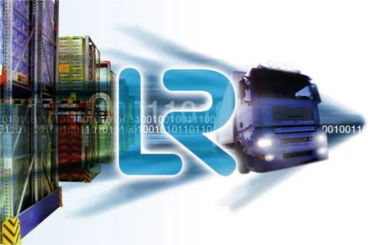 Hochregallager, LR-Logo und Lkw als Symbole für Lagerplanung und Transportlogistik