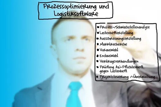 Berater vor einer Checkliste mit Leistungen der Prozessoptimierung und Logistiksoftware